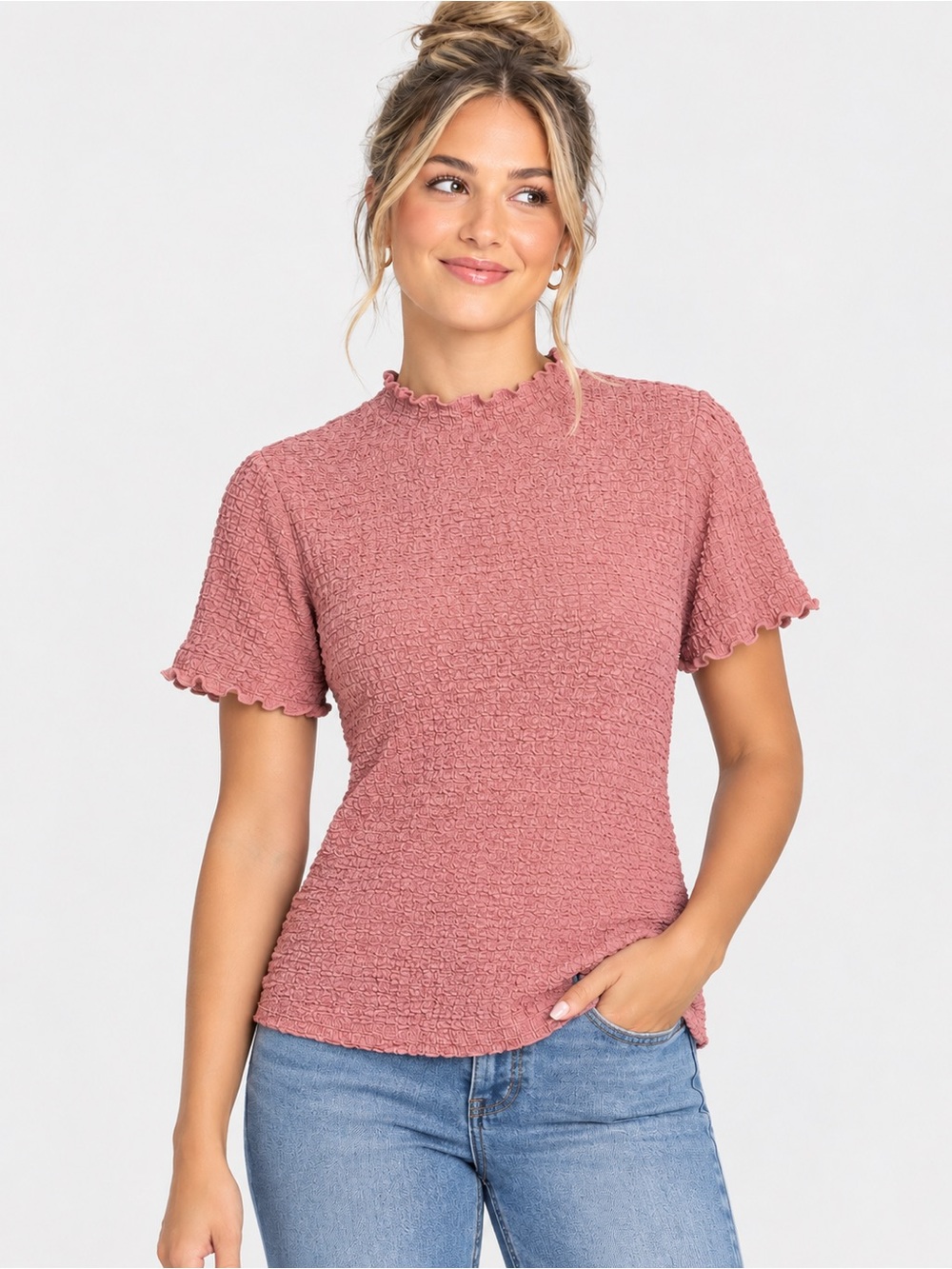 A New Day Textured Smocked Short Sleeve Top in Dusty Rose
